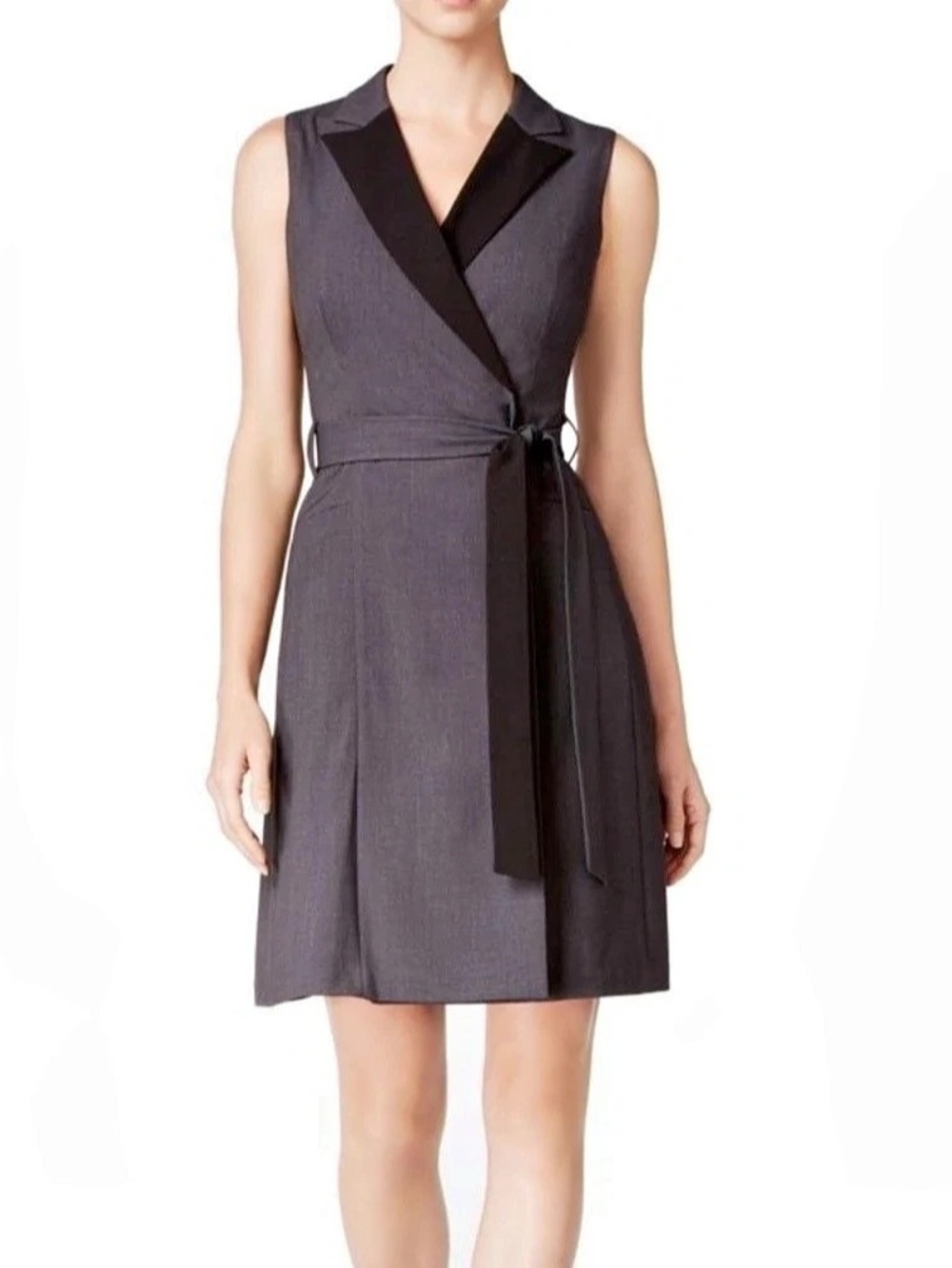 Calvin Klein Belted Peak Lapel Wrap Midi Dress Sleeveless Gray & Black 0P